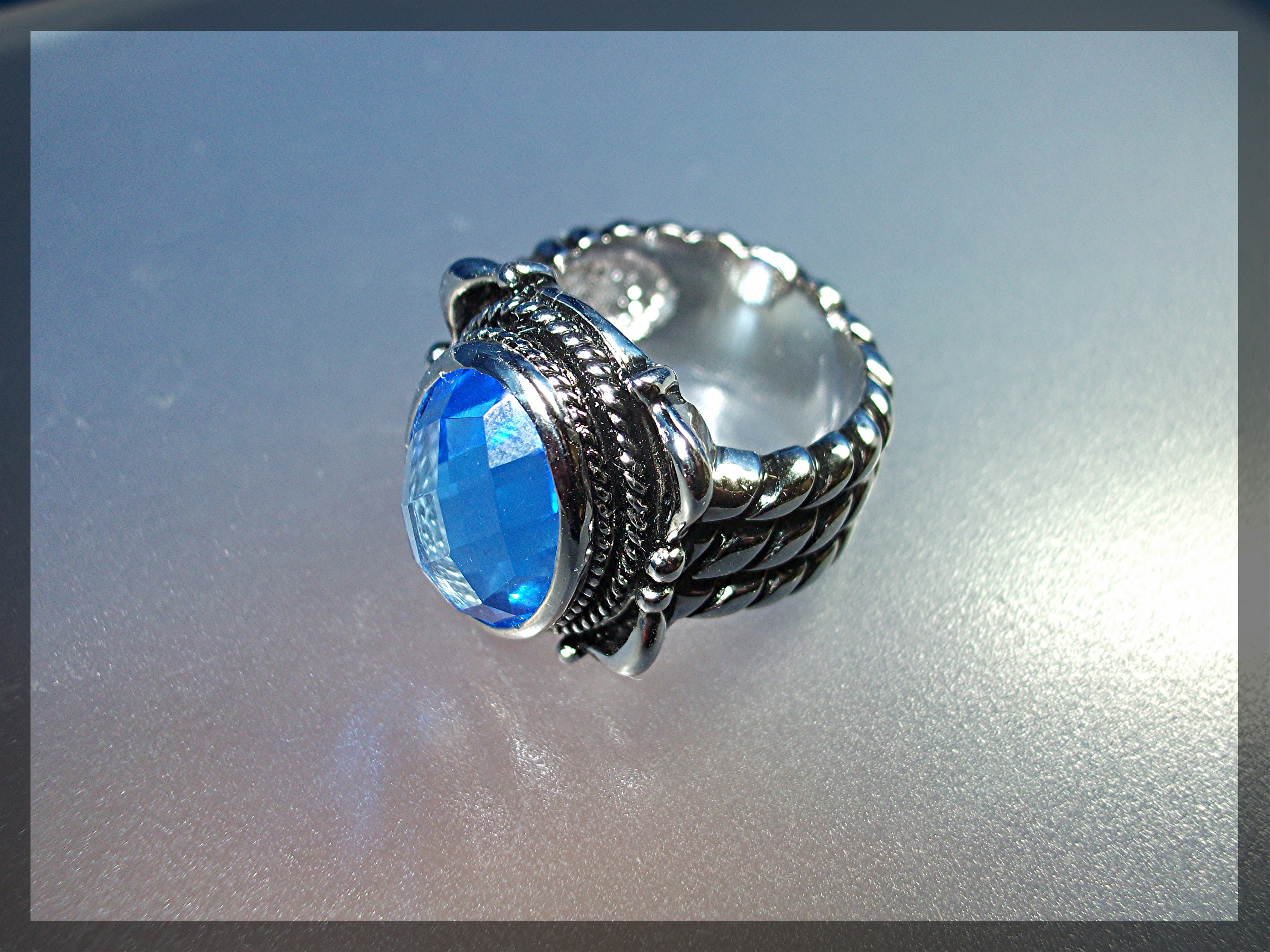 Ring Sterling Silver Faceted Blue Topaz Rope Shank