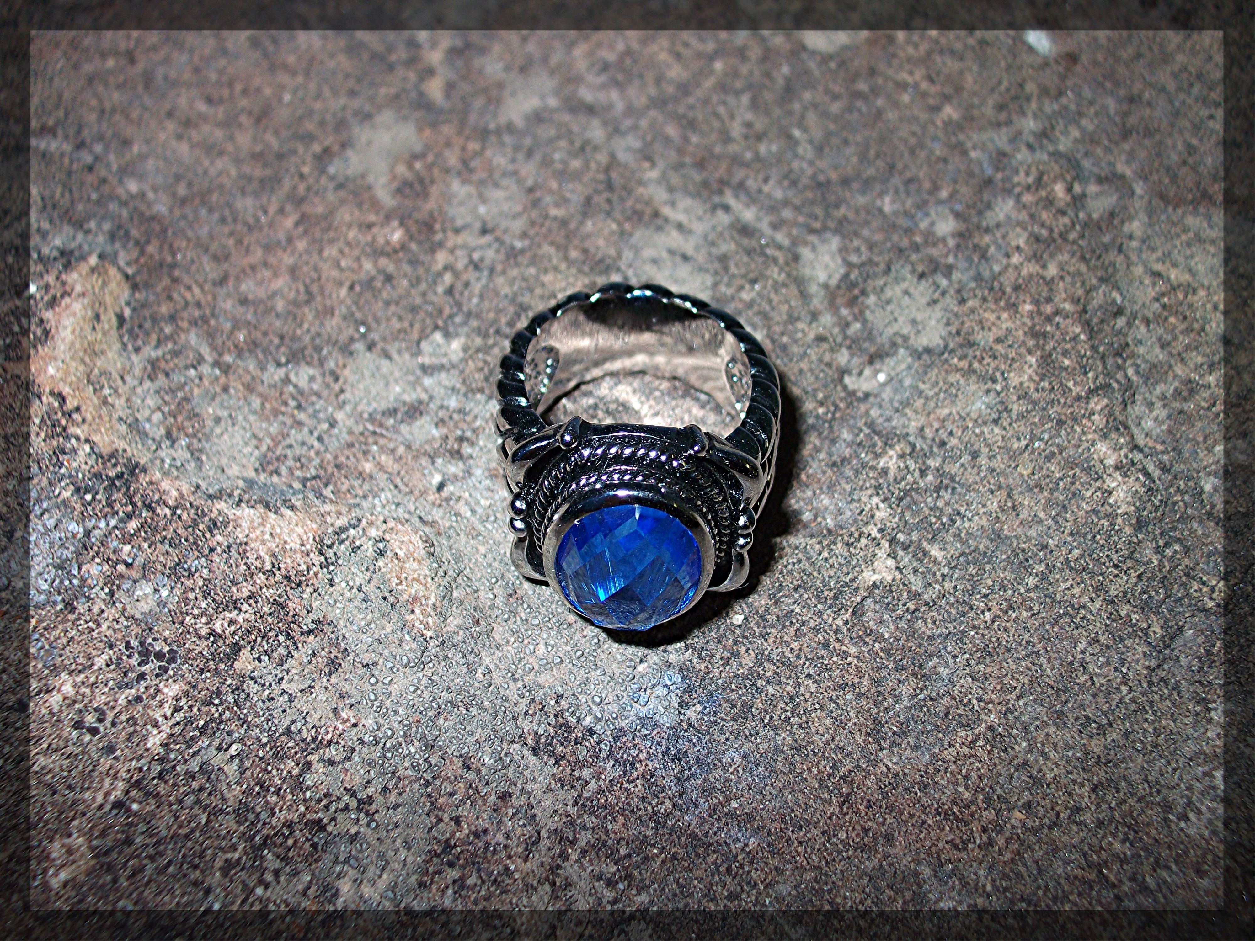 Ring Sterling Silver Faceted Blue Topaz Rope Shank