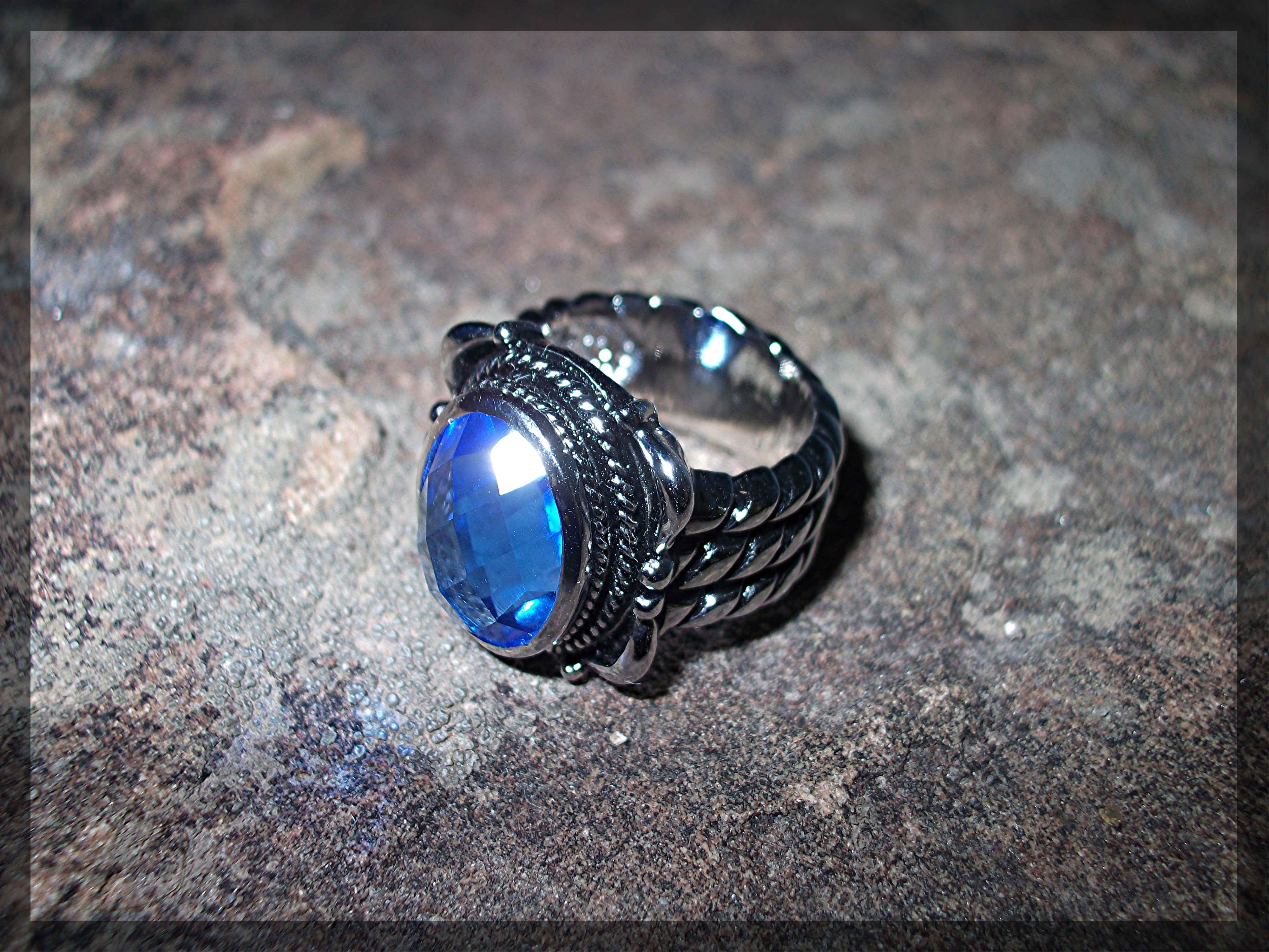 Ring Sterling Silver Faceted Blue Topaz Rope Shank