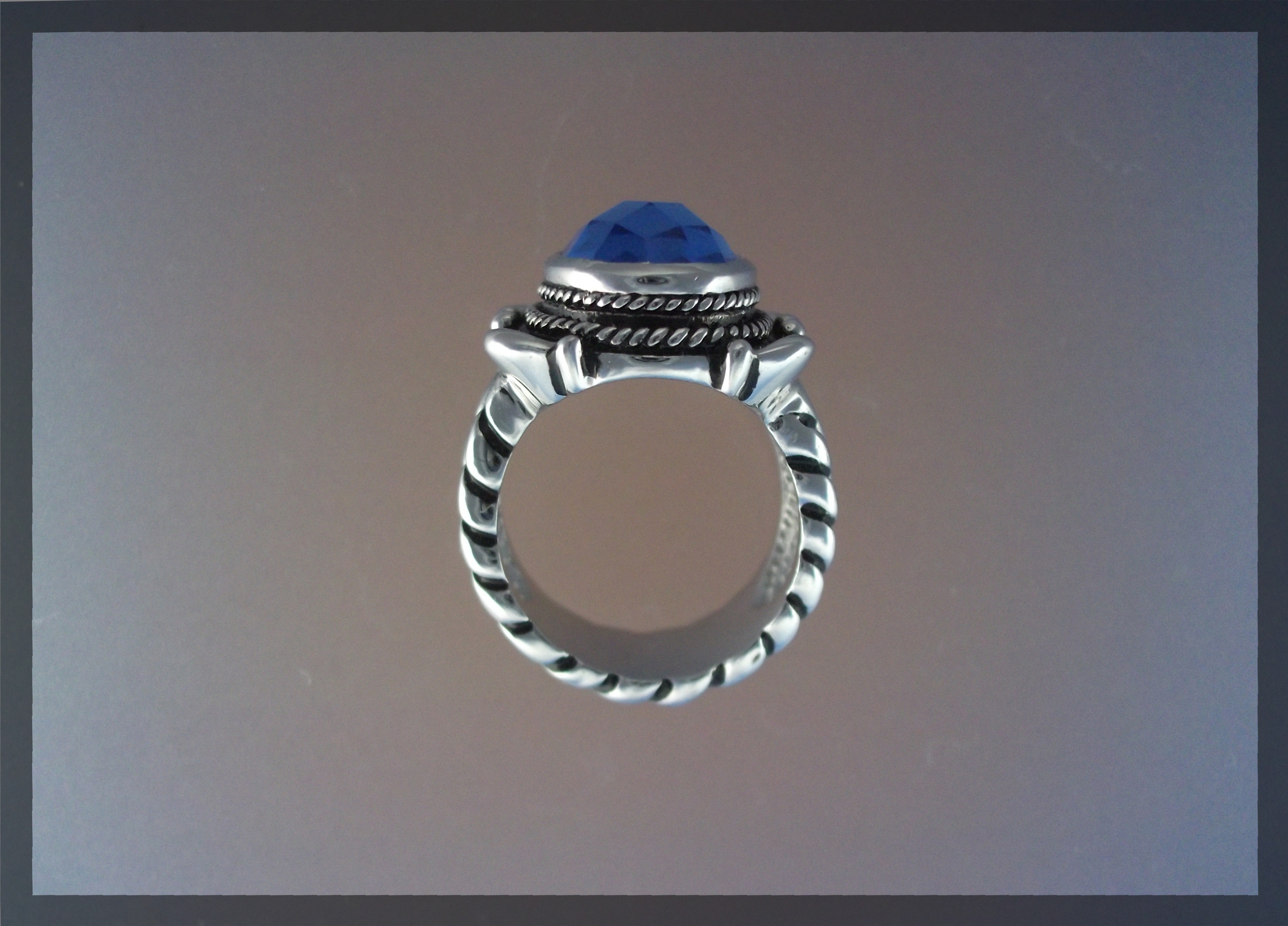 Ring Sterling Silver Faceted Blue Topaz Rope Shank