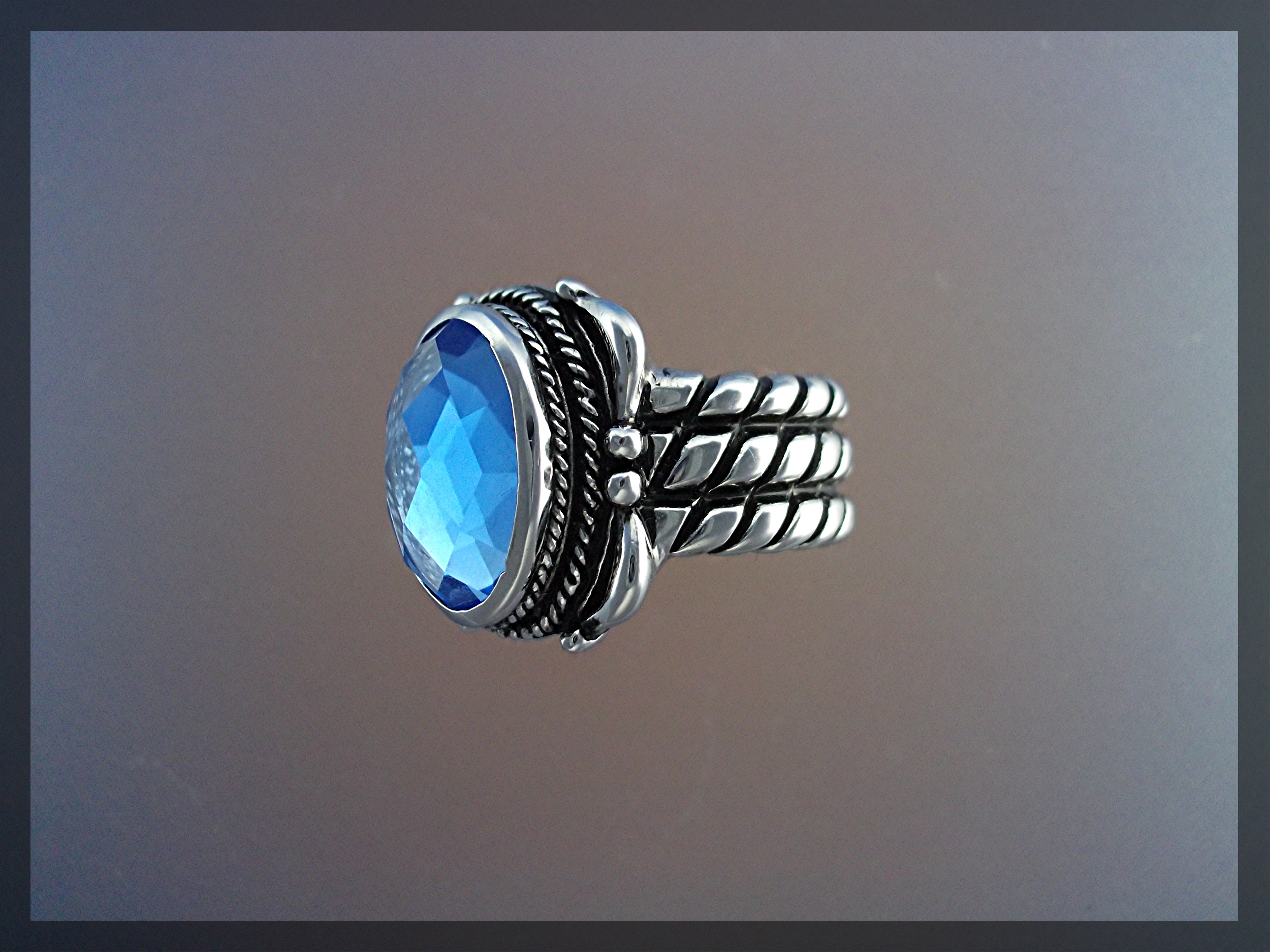 Ring Sterling Silver Faceted Blue Topaz Rope Shank