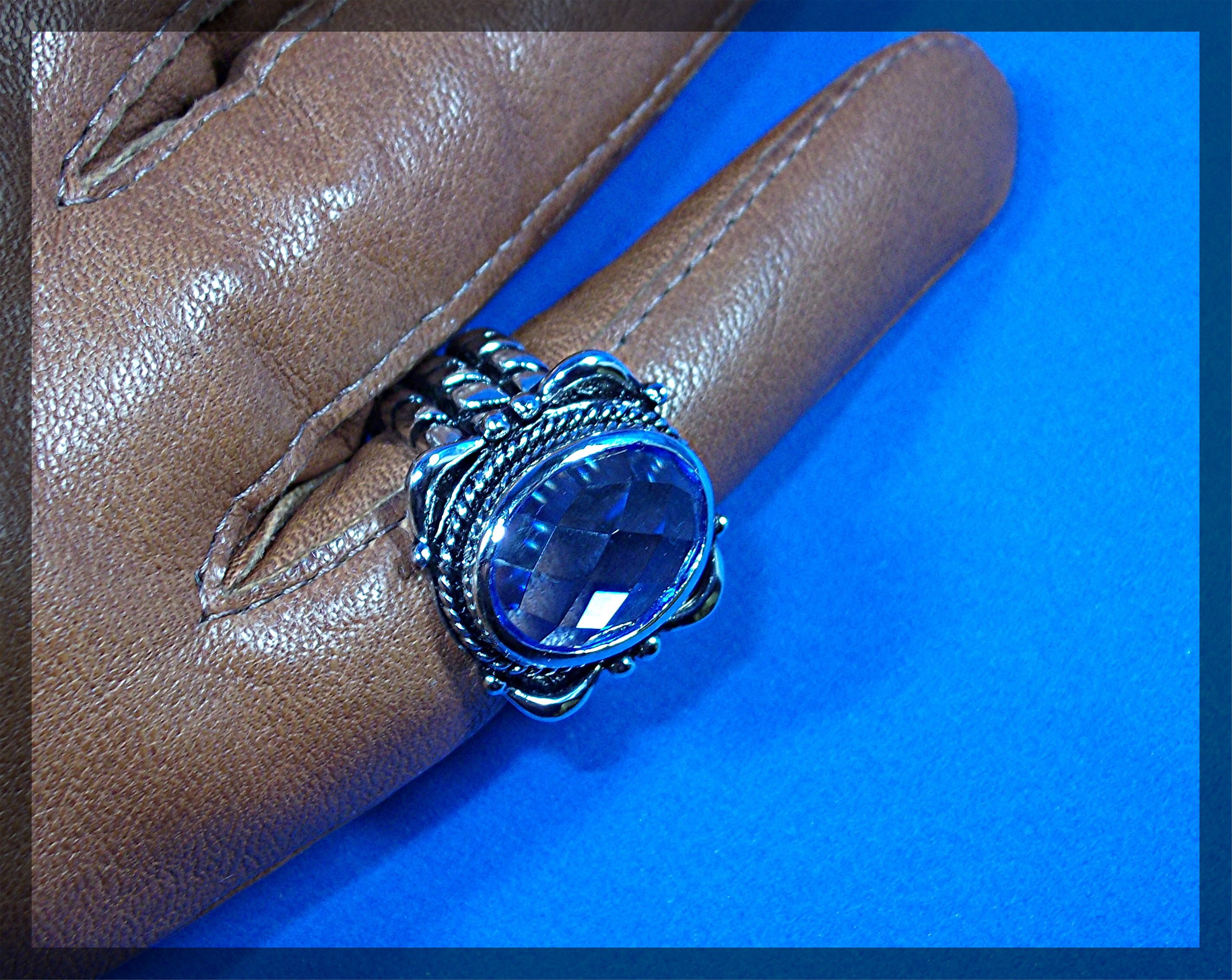 Ring Sterling Silver Faceted Blue Topaz Rope Shank