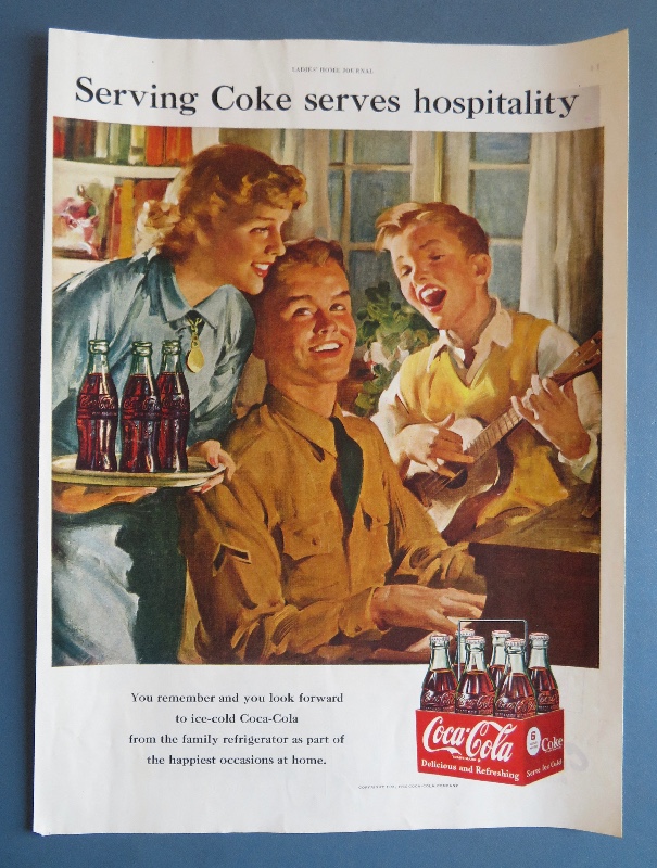 1951 Coca Cola (Coke) with Soldier Playing Piano while a boy plays guitar & woman holds a tray with bottles of Coke