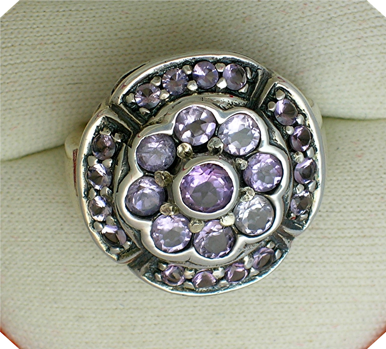 Sterling Silver Amethyst Pink Crystal Flower  Ring