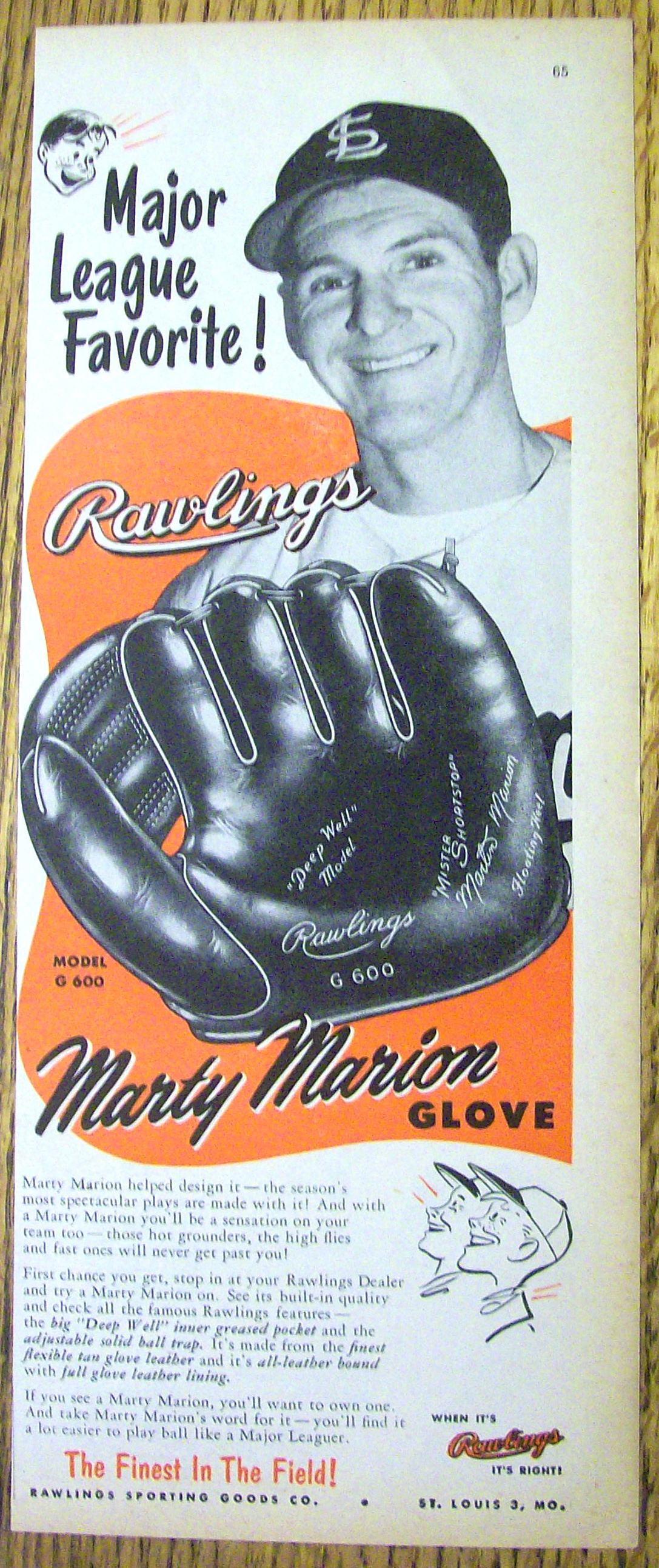 1953 Rawlings Marty Marion Baseball Glove with Marty