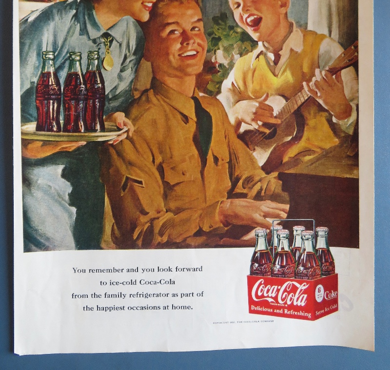 1951 Coca Cola (Coke) with Soldier Playing Piano while a boy plays guitar & woman holds a tray with bottles of Coke