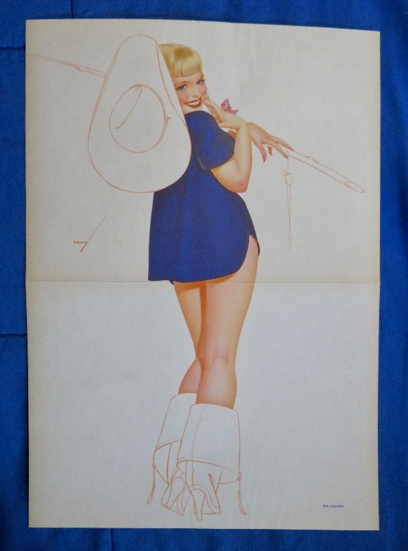 Original 1946 Sexy Pin Up Girl Wearing A Blue Shirt With A Cowboy Hat & Wearing Boots By George Petty
