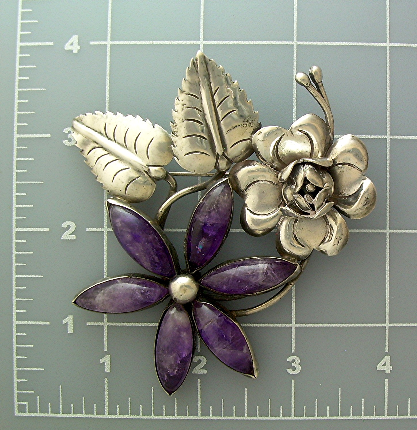 Brooch Sterling Silver Amethyst Leaves flower Mexico