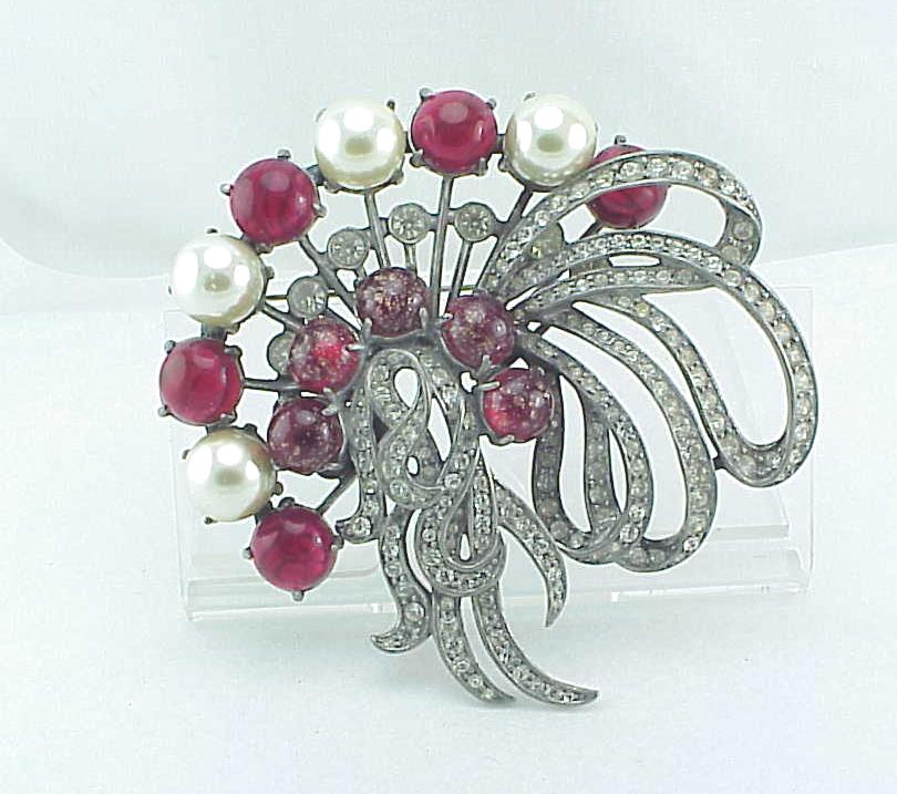 Eisenberg Original Red Glass, Pearl, Rhinestone Recast Brooch