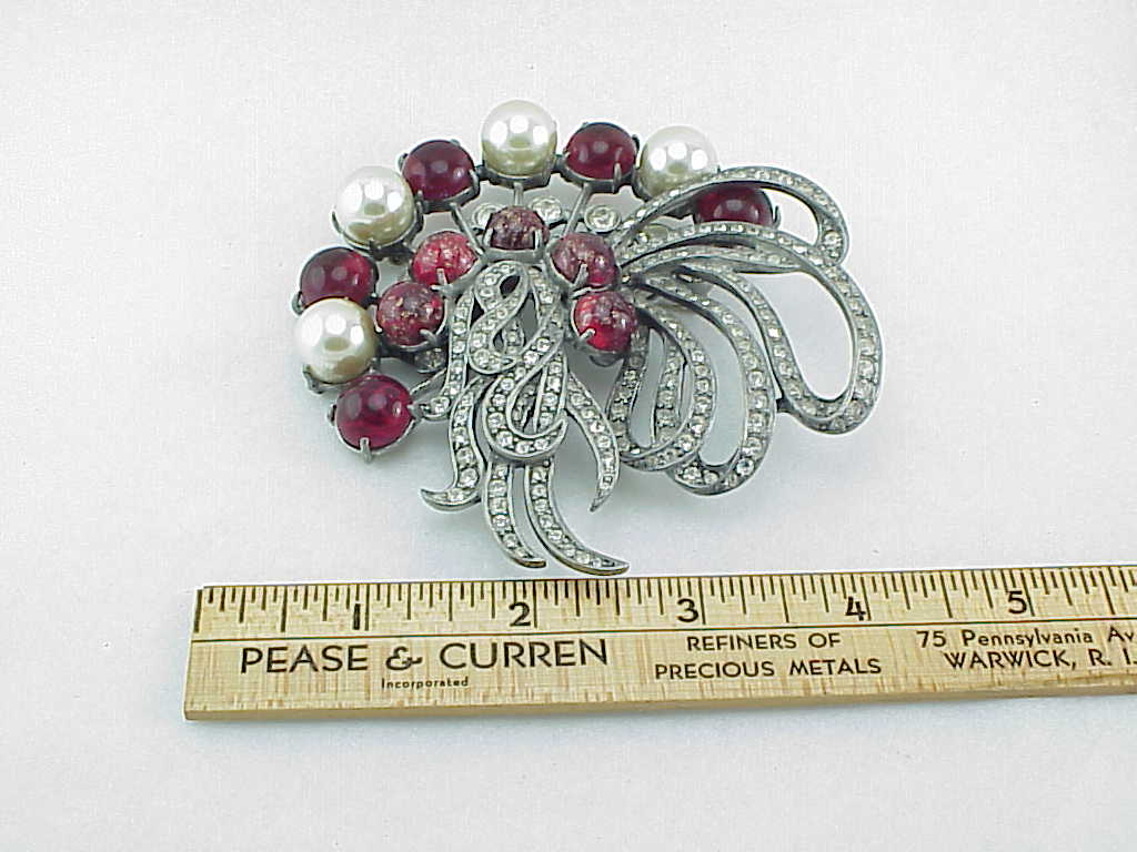 Eisenberg Original Red Glass, Pearl, Rhinestone Recast Brooch
