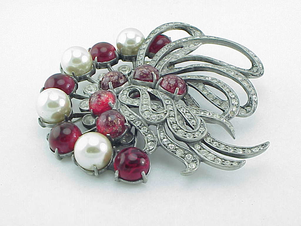Eisenberg Original Red Glass, Pearl, Rhinestone Recast Brooch