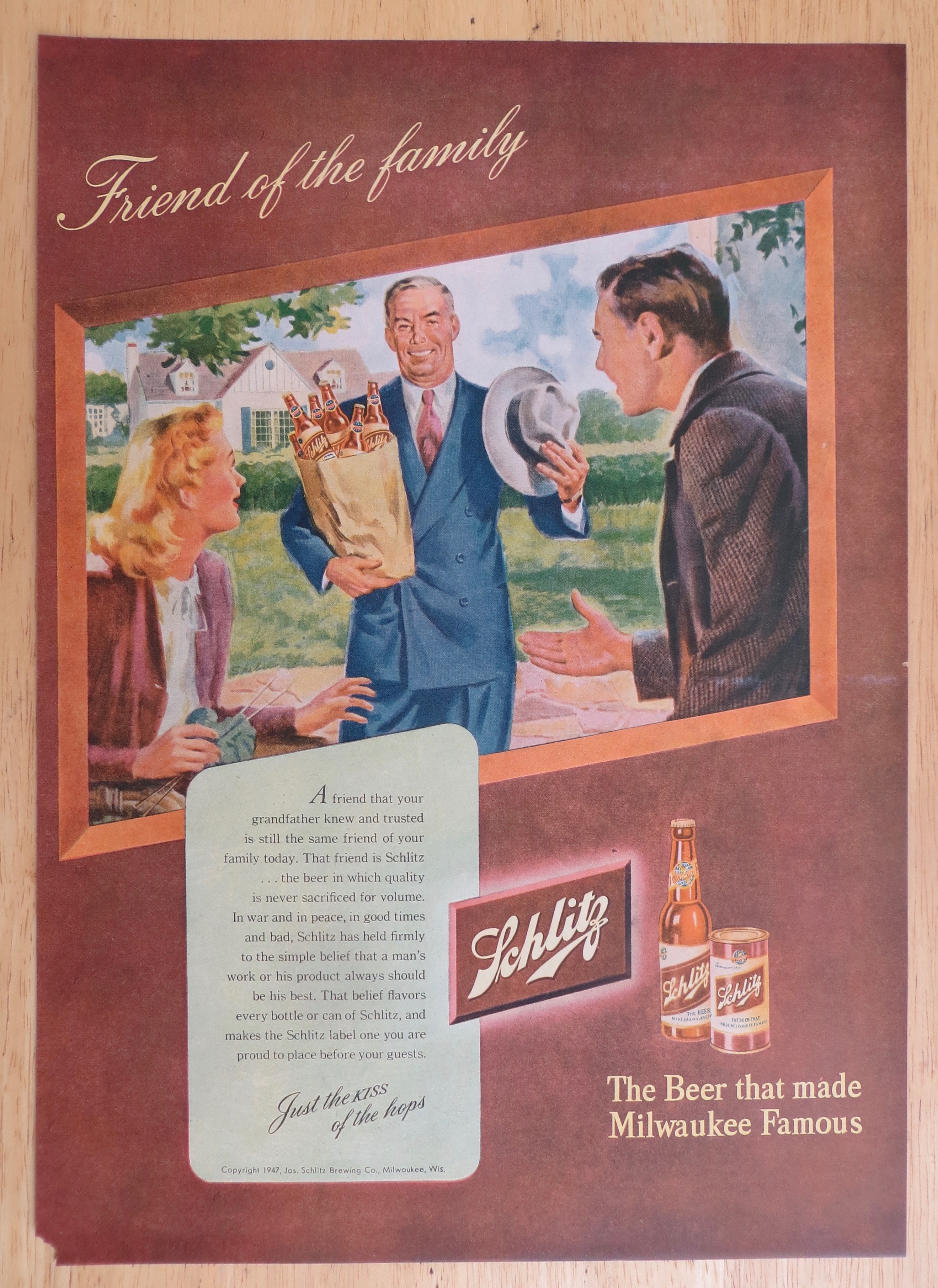 1947 Schlitz Beer with Couple Looking at Man with Beer