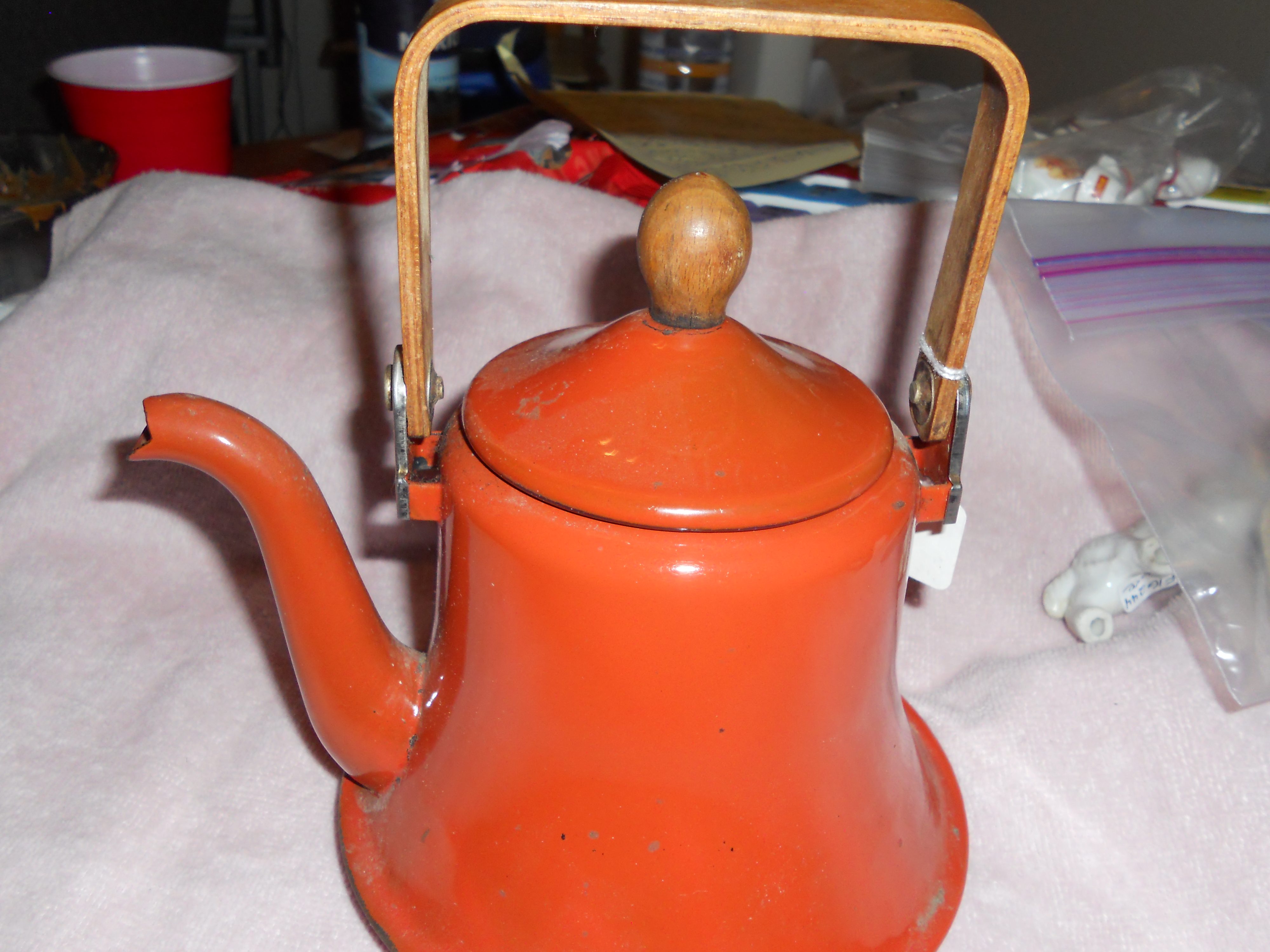 Enameled Teapot with Wood Handle