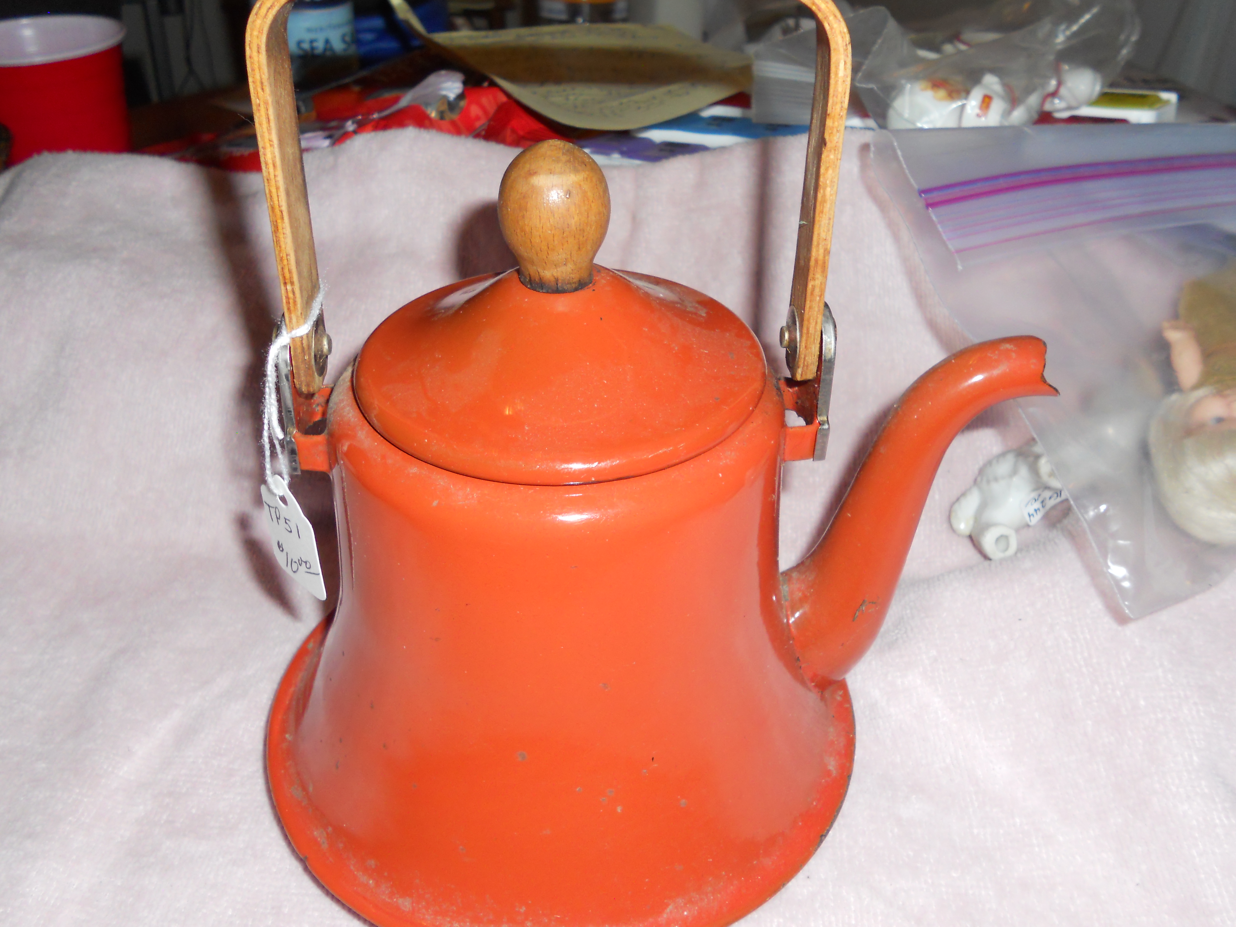 Enameled Teapot with Wood Handle