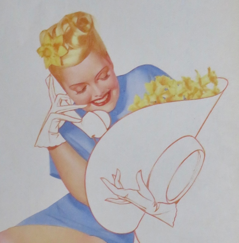 Original 1946 Sexy Pin Up Girl Talking On Telephone While Holding Hat With Flowers In It By George Petty