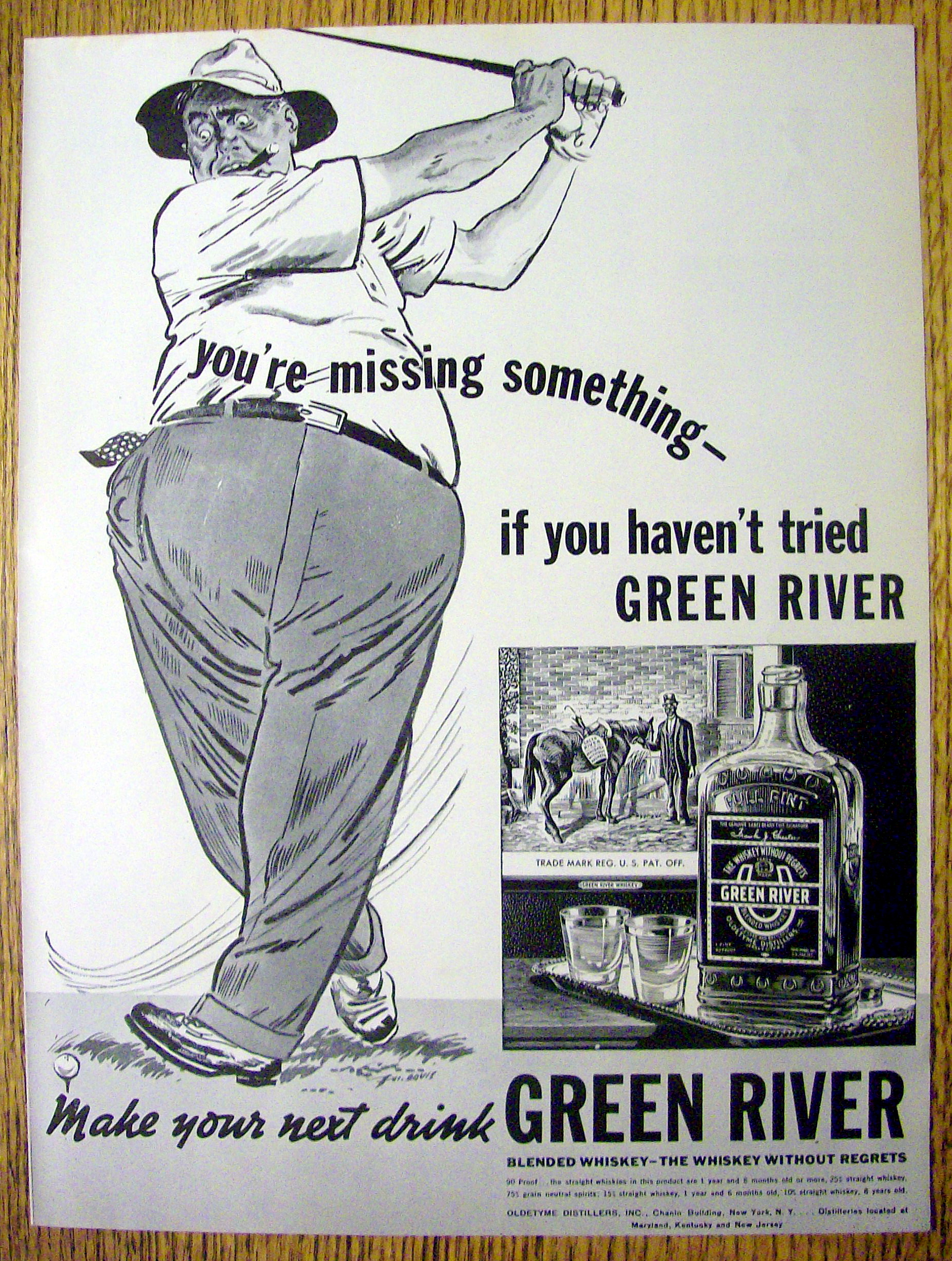 1937 Green River Whiskey w/Man Swinging & Missing Ball