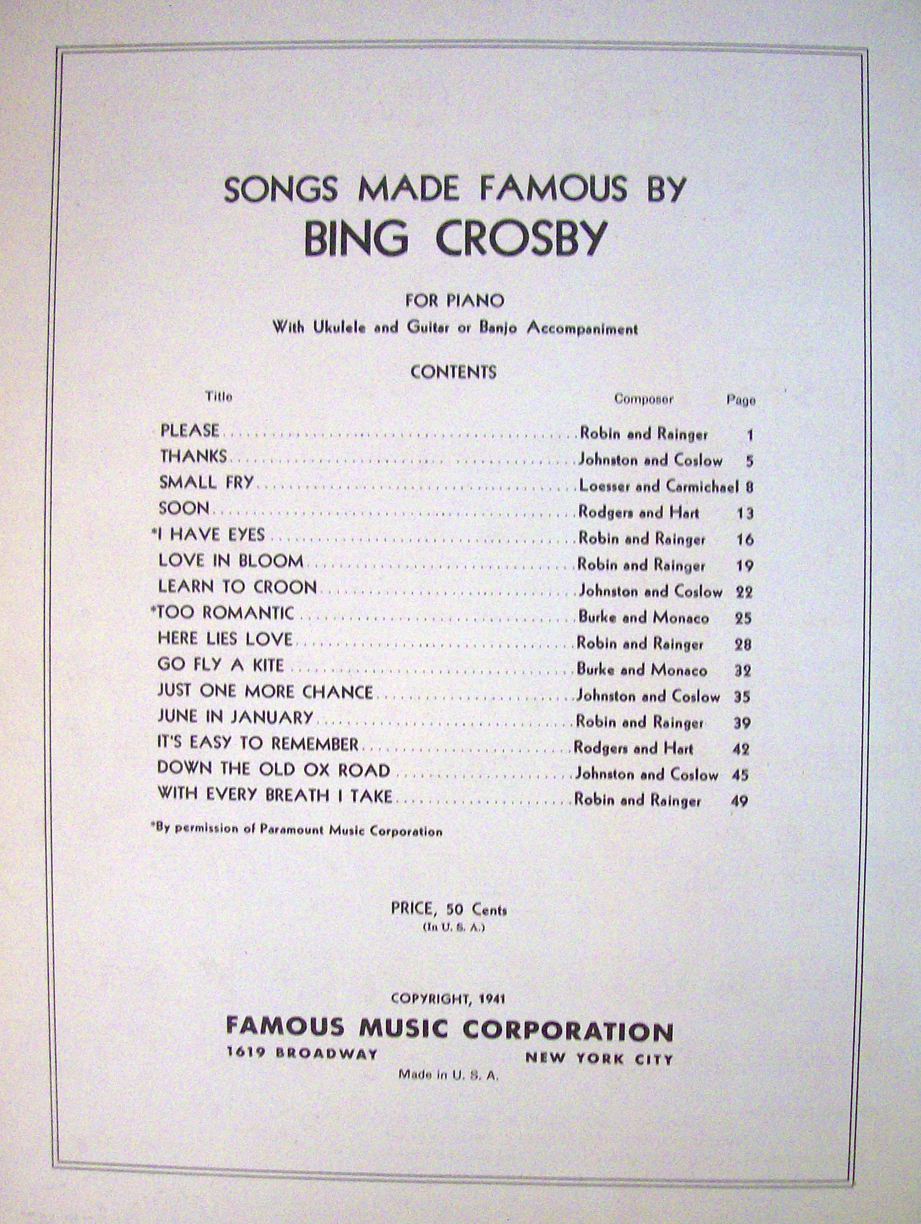 Sheet Music For 1932 Songs Made Famous By Bing Crosby