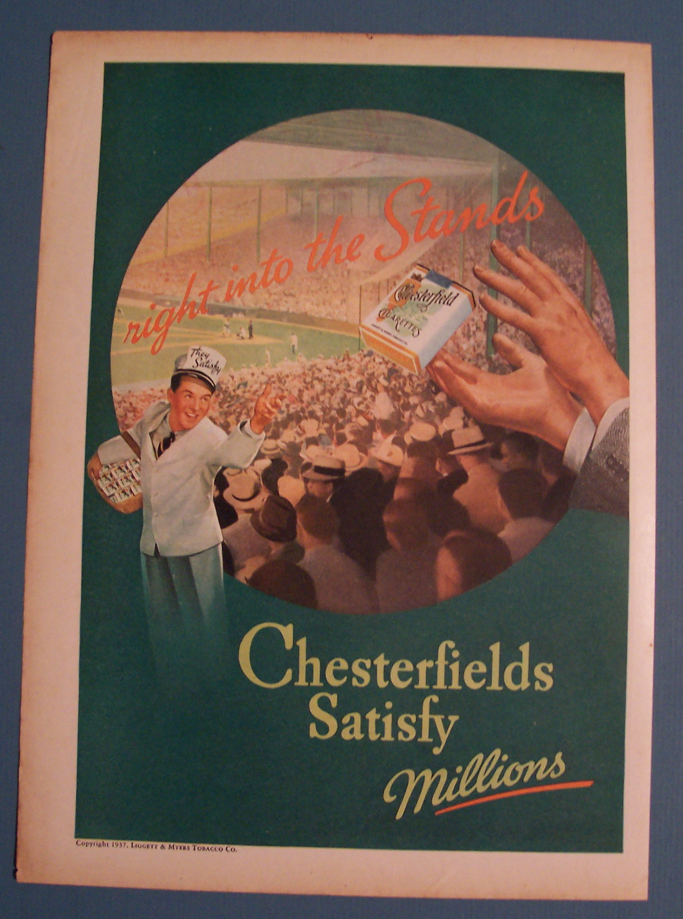 1937 Chesterfield Cigarettes w/ Man Throwing Cigarettes