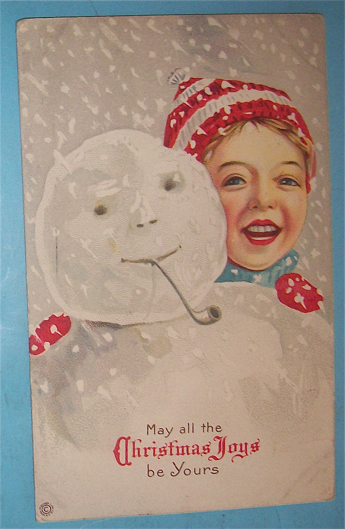 Christmas Joys Postcard w/ Cute Boy & Snowman