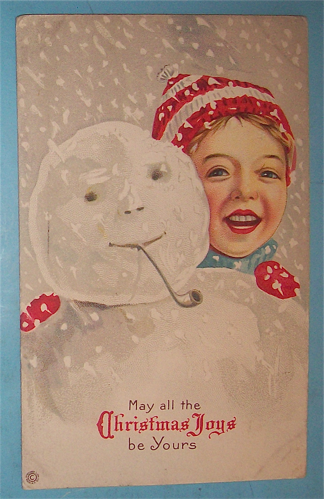 Christmas Joys Postcard w/ Cute Boy & Snowman