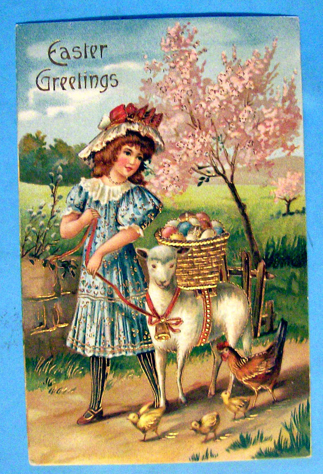 Easter Greetings Postcard with Girl Walking a Sheep