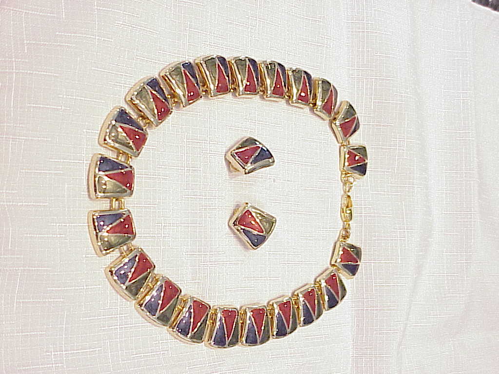 Blue, Green And Red Enamel Choker Necklace And Clip Earrings Set