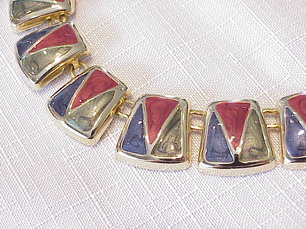 Blue, Green And Red Enamel Choker Necklace And Clip Earrings Set