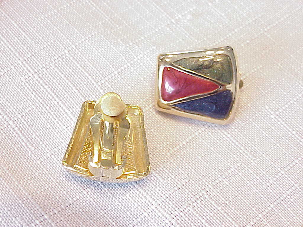 Blue, Green And Red Enamel Choker Necklace And Clip Earrings Set