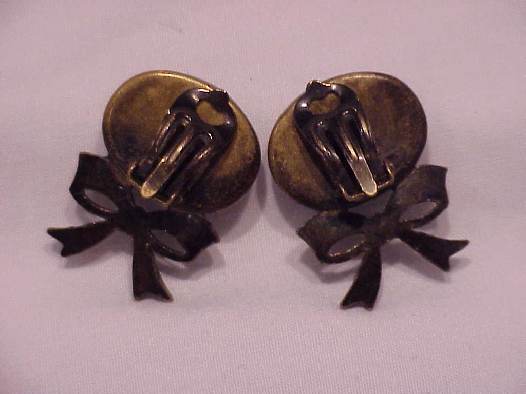 Black Glass Cabachon And Rhinestone Bow Clip Earrings