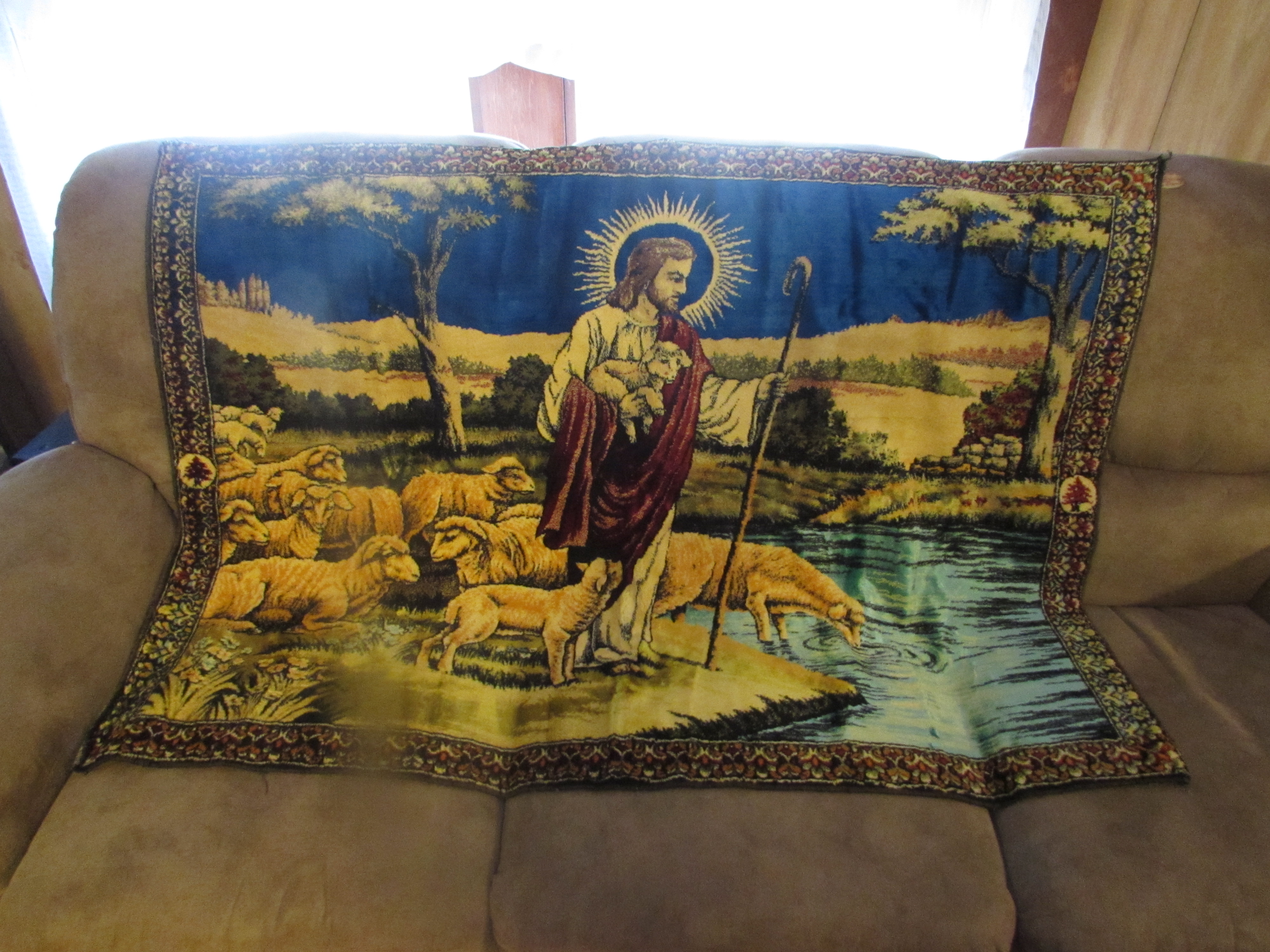 Vintage Jesus Good Shepherd with Sheep Tapestry Lebanon