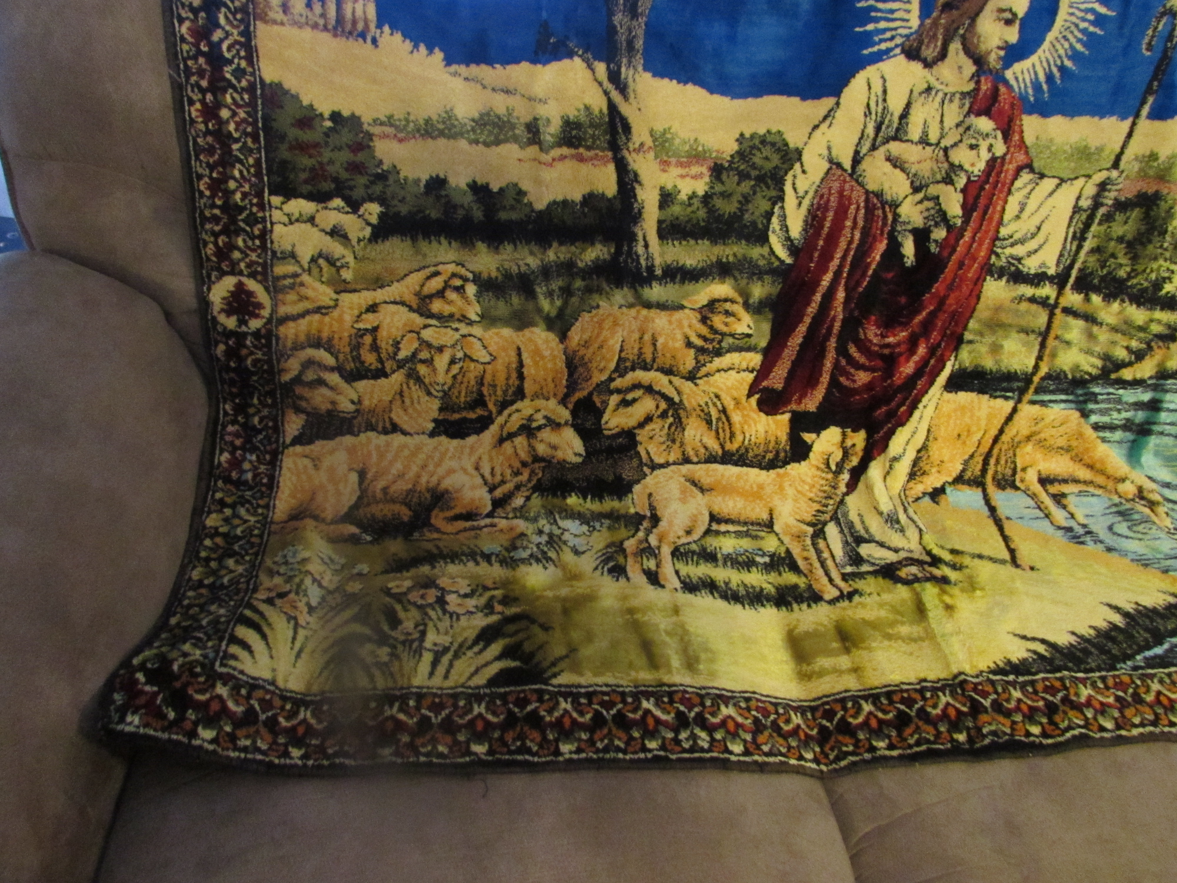 Vintage Jesus Good Shepherd with Sheep Tapestry Lebanon