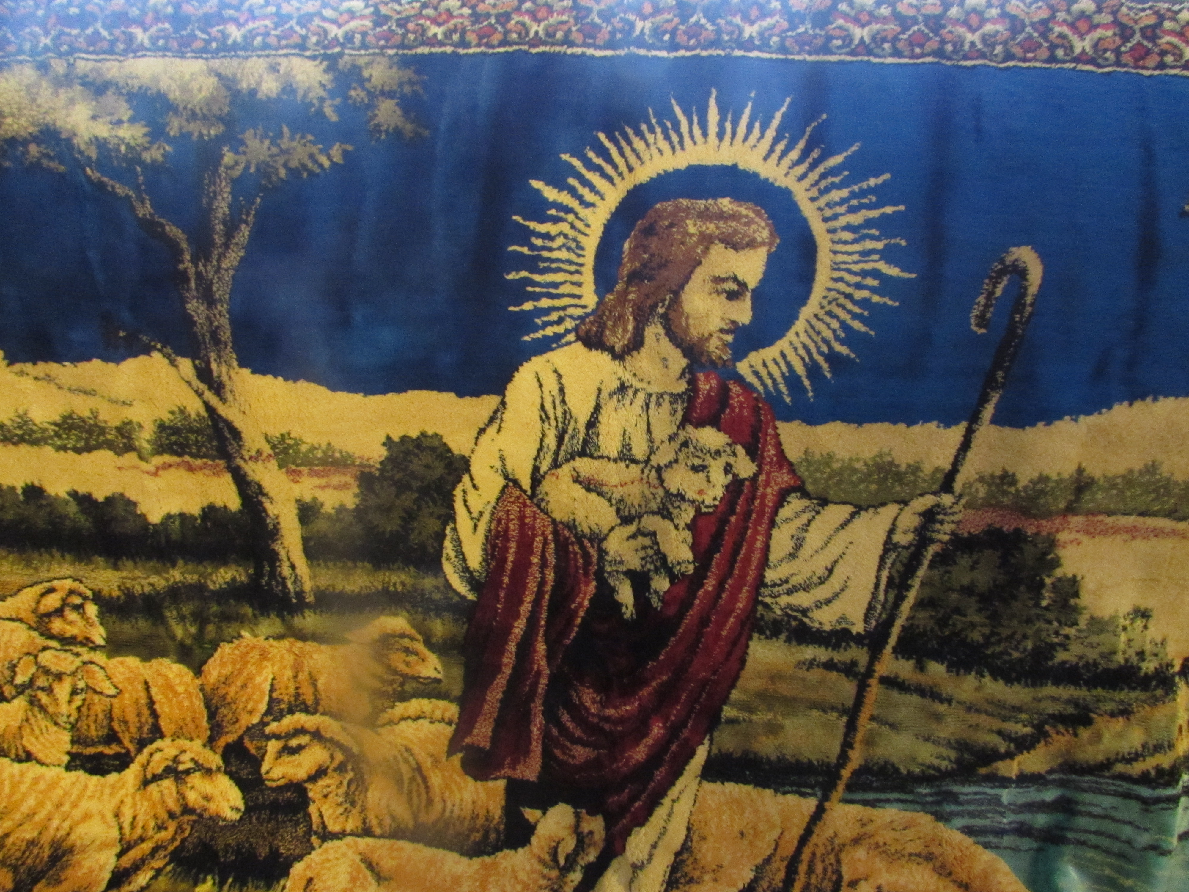 Vintage Jesus Good Shepherd with Sheep Tapestry Lebanon
