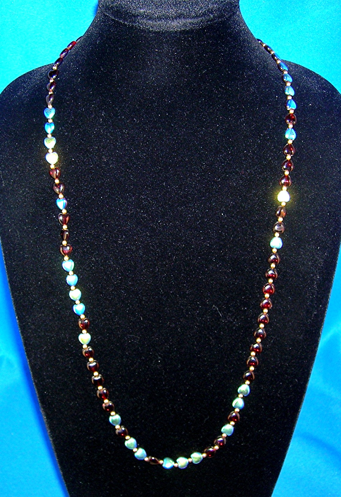 14K Gold Glass Heart Cranberry Irridescent Blue Beads