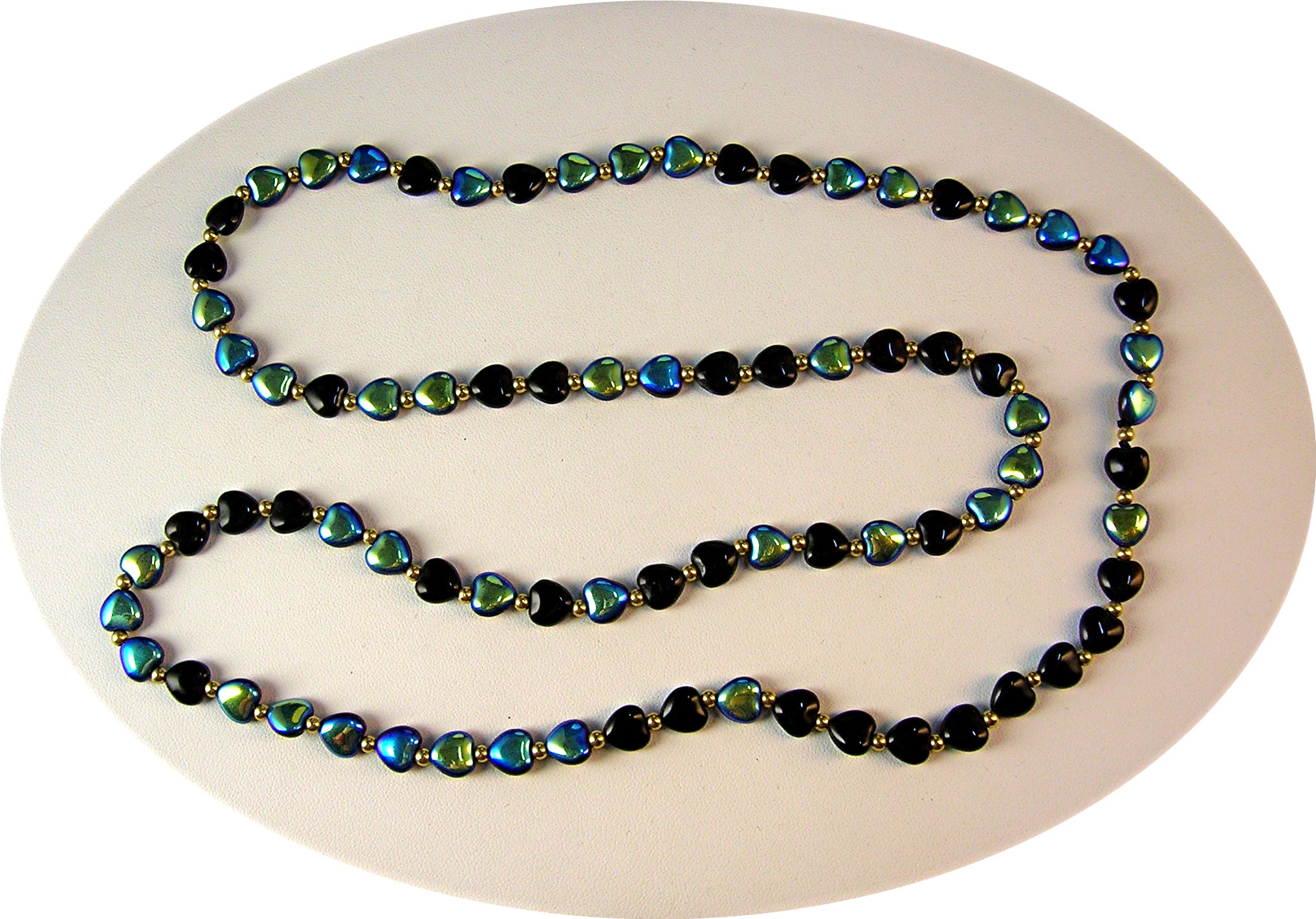 14K Gold Glass Heart Cranberry Irridescent Blue Beads