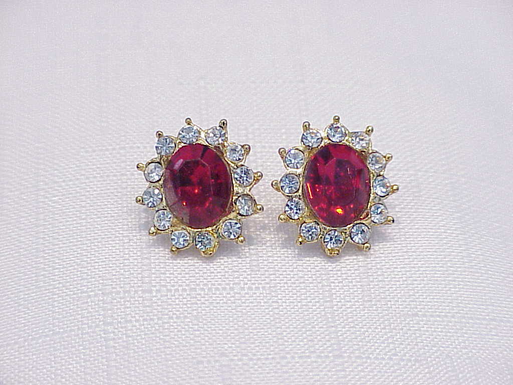 Avon Red And Clear Rhinestone Pierced Earrings