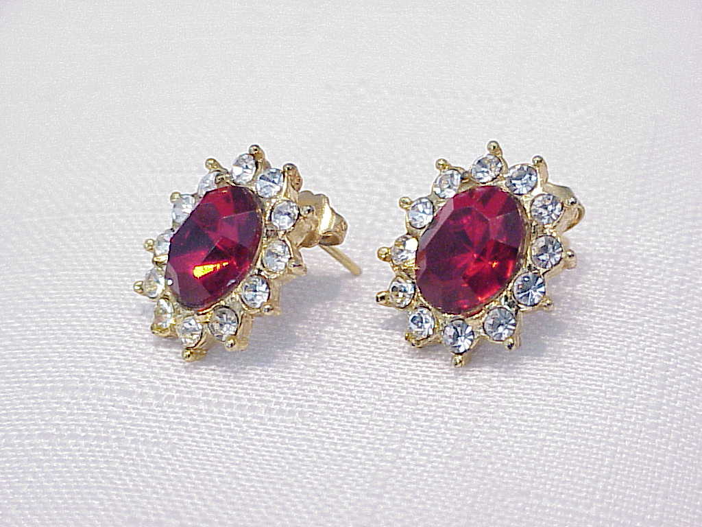 Avon Red And Clear Rhinestone Pierced Earrings