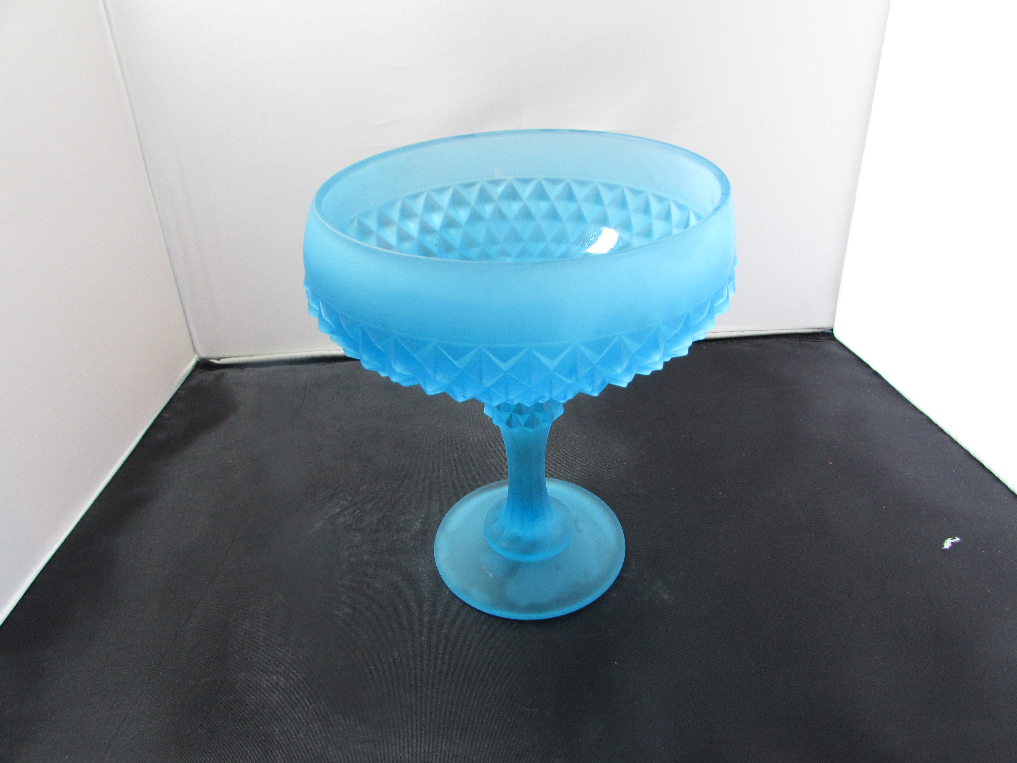 Blue Satin Indiana Glass Diamond Point Compote
