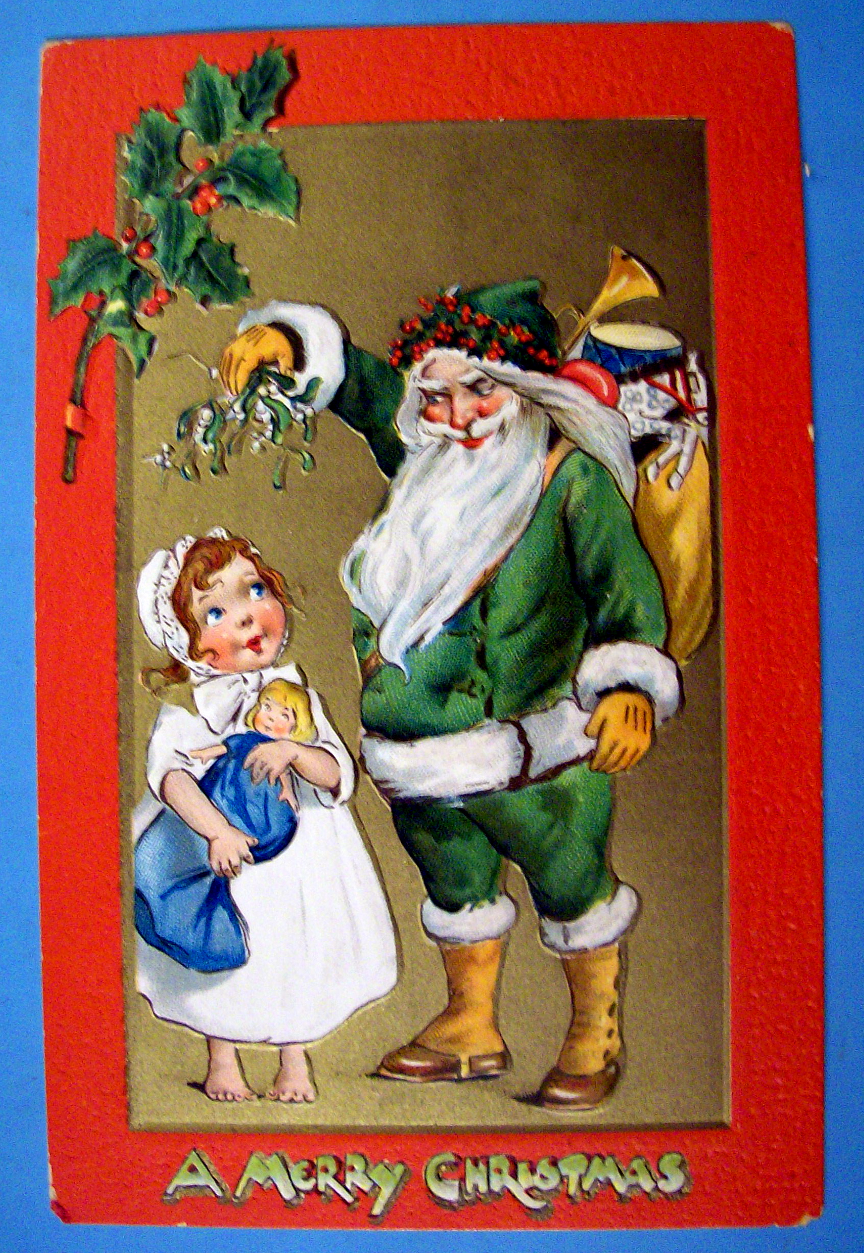 A Merry Christmas Postcard w/Santa Claus & Little Girl