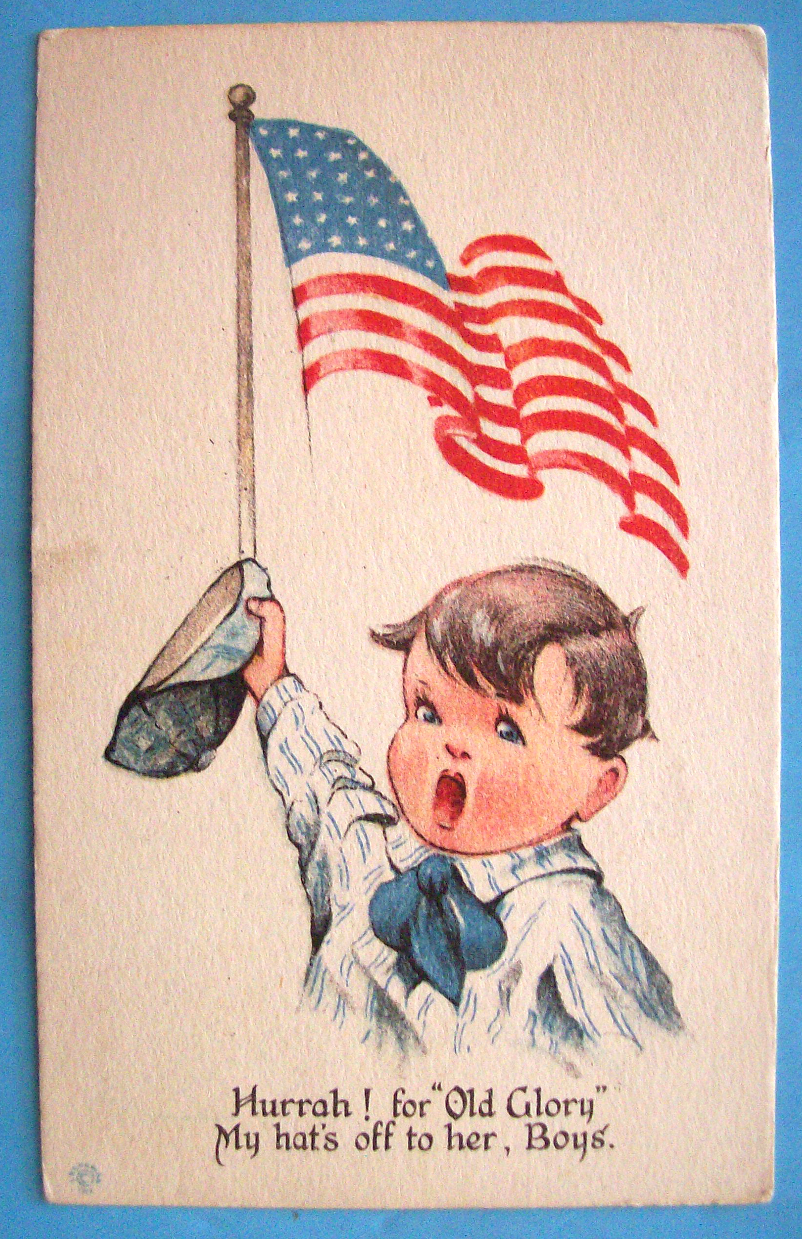 Old Glory Postcard with Boy Holding His Hat & Flag