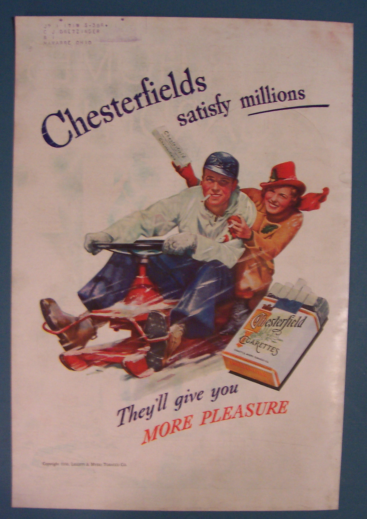 1938 Chesterfield Cigarettes w/Man & Woman in Snow