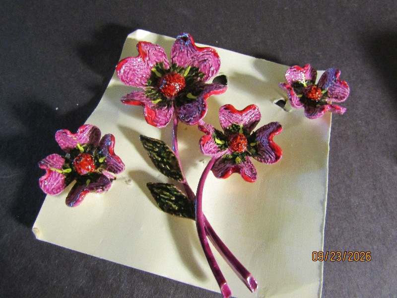 Vintage Hand-Painted Purple Enamel Flower Brooch and Clip-On Earrings Set