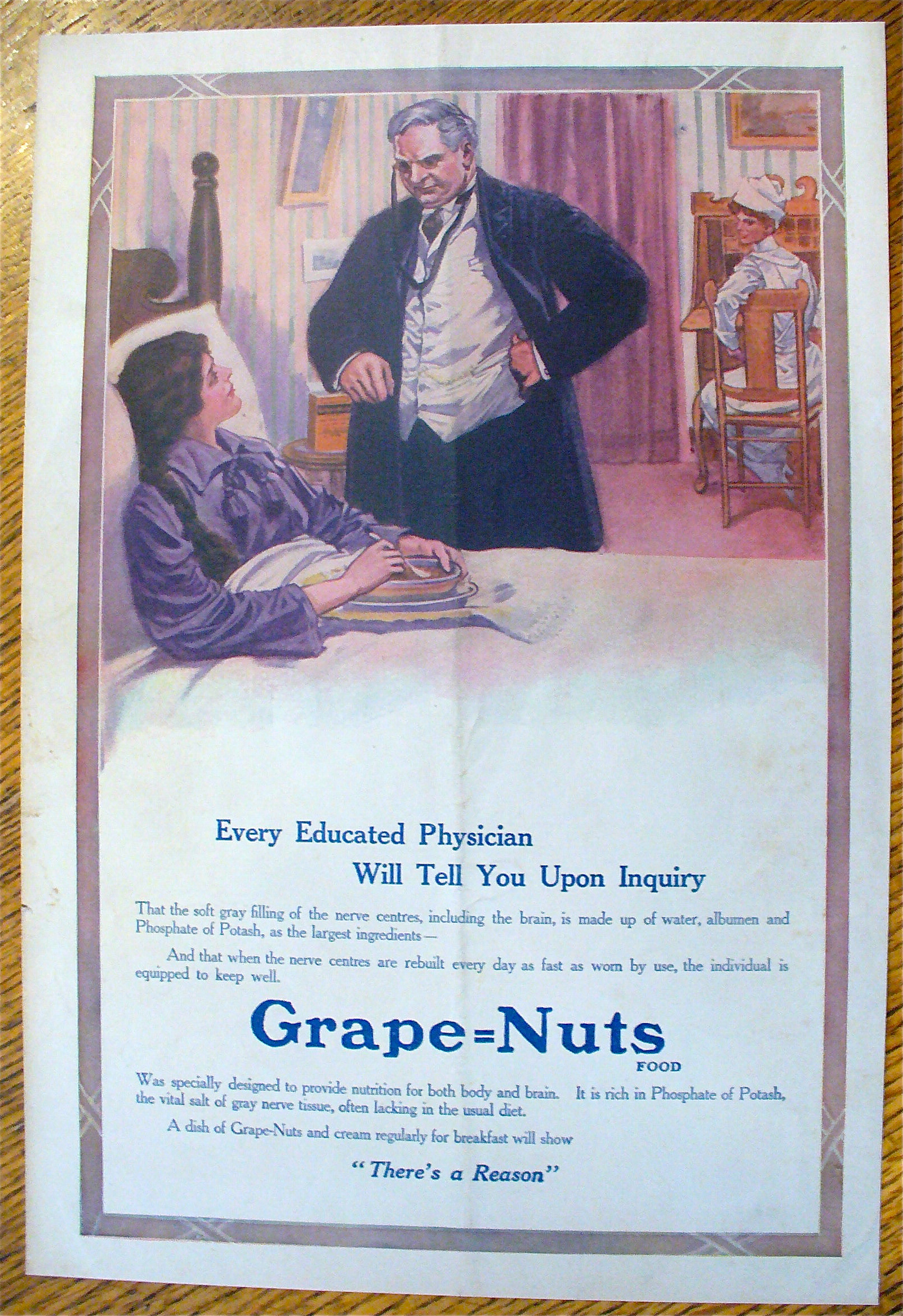1913 Grape-Nuts Cereal with Woman In Bed with Doctor