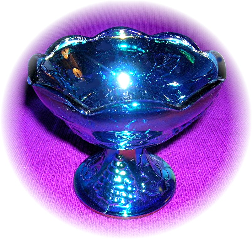 Blue Carnival Glass Grape Pattern Candleholders USA