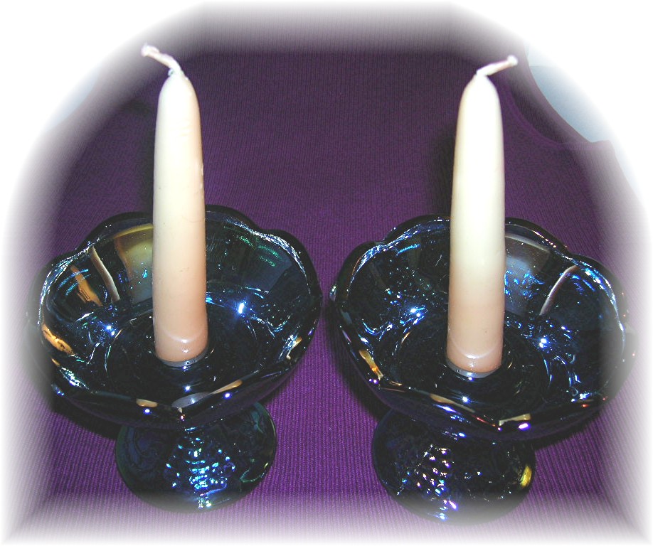 Blue Carnival Glass Grape Pattern Candleholders USA