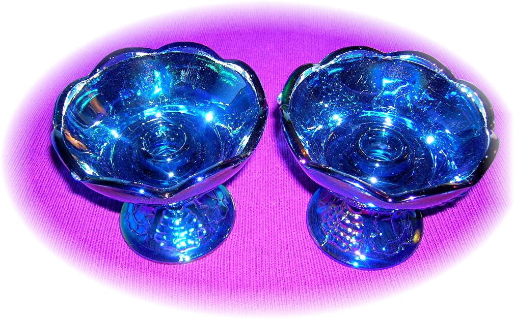 Blue Carnival Glass Grape Pattern Candleholders USA