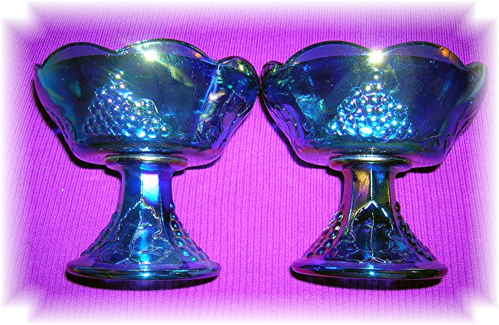 Blue Carnival Glass Grape Pattern Candleholders USA