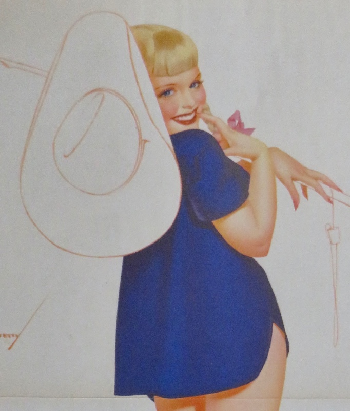 Original 1946 Sexy Pin Up Girl Wearing A Blue Shirt With A Cowboy Hat & Wearing Boots By George Petty