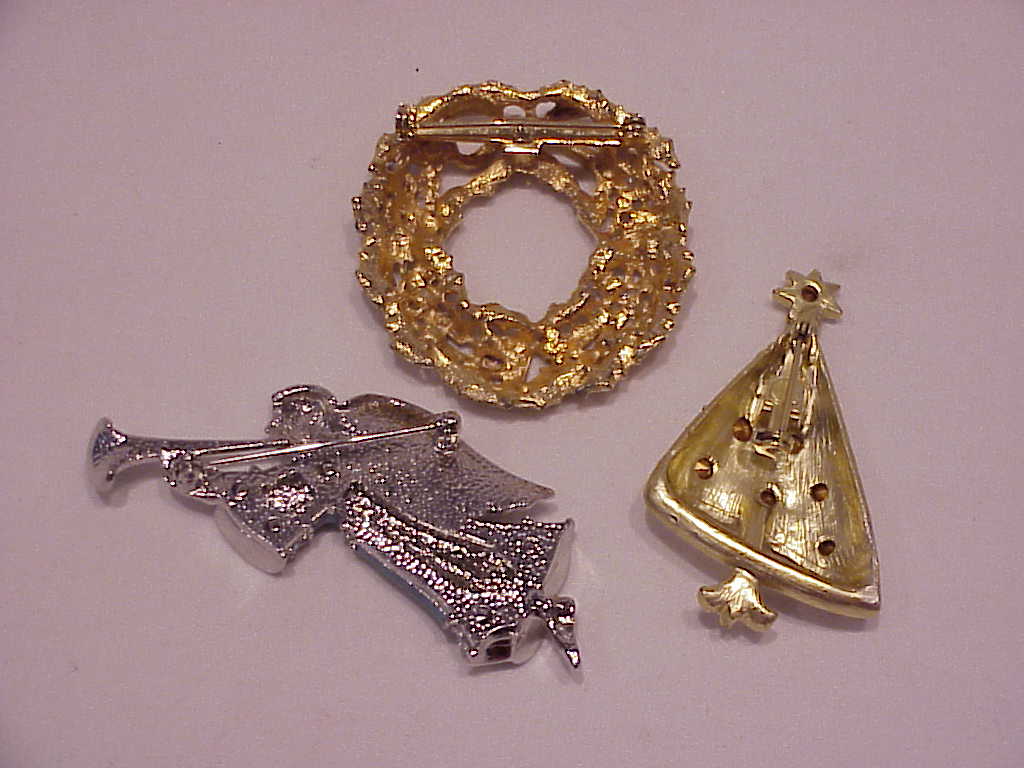 3 Vintage Rhinestone Christmas Brooch - Tree, Wreath, Angel