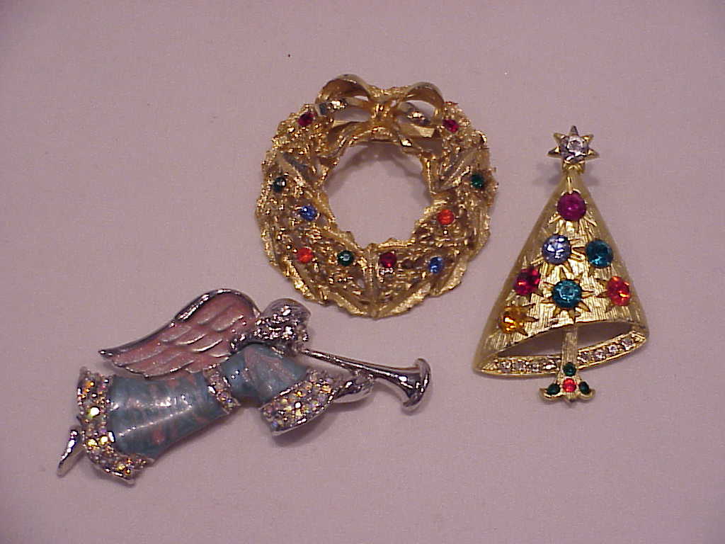 3 Vintage Rhinestone Christmas Brooch - Tree, Wreath, Angel