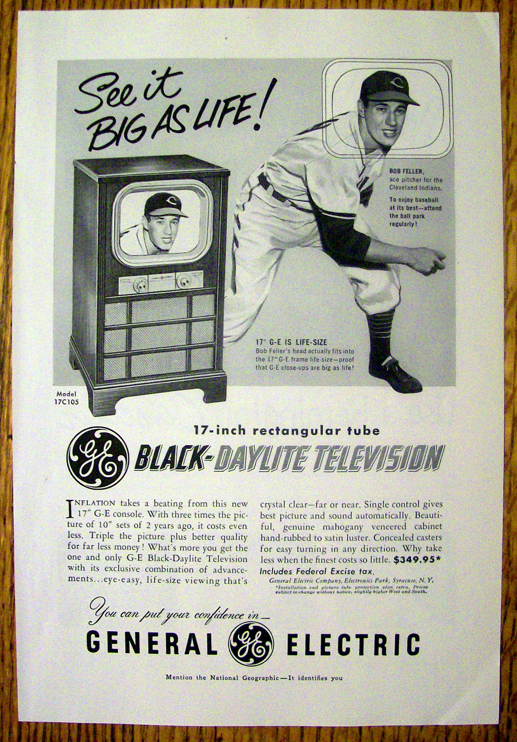 1951 G E Black Daylite Television w/Baseball Bob Feller